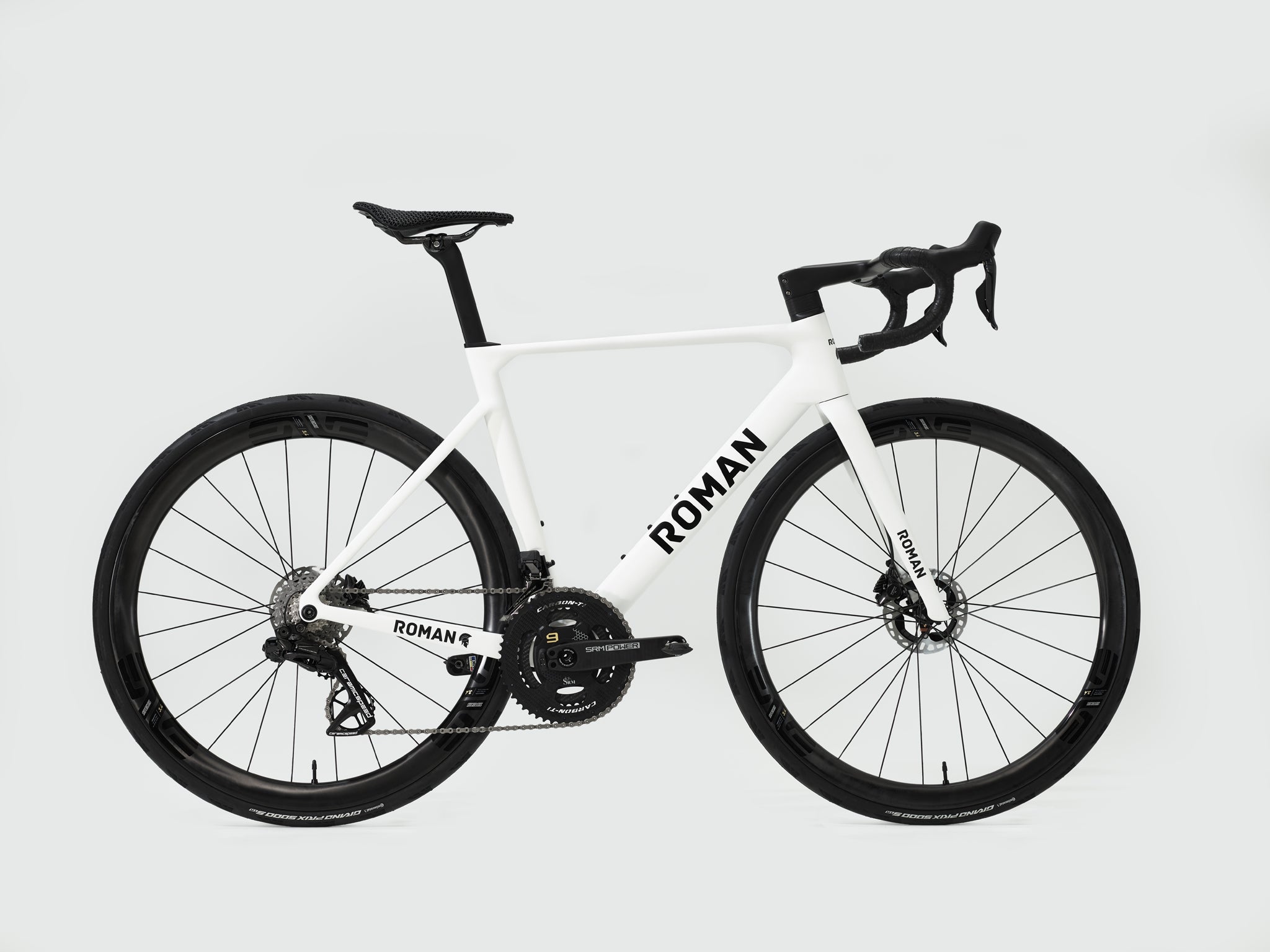 ROMAN White bicycle with black components on a light gray background
