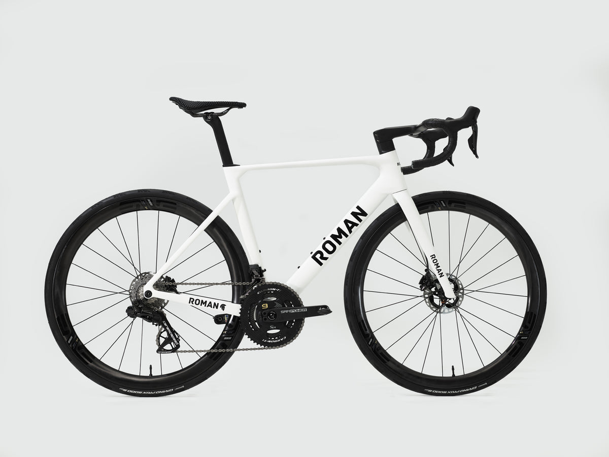 ROMAN White bicycle with black components on a light gray background