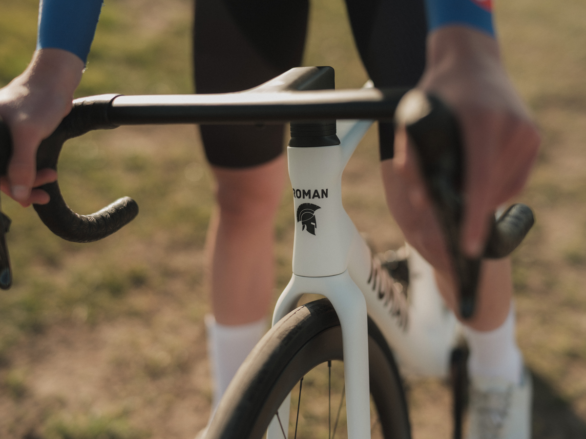 Person holding a bicycle with 'roman' branding in an outdoor setting